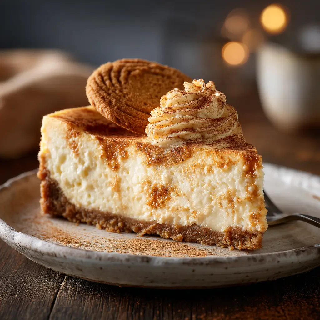 A whole baked snickerdoodle cheesecake fresh out of the oven, with a beautiful cinnamon sugar topping, ready to be chilled.