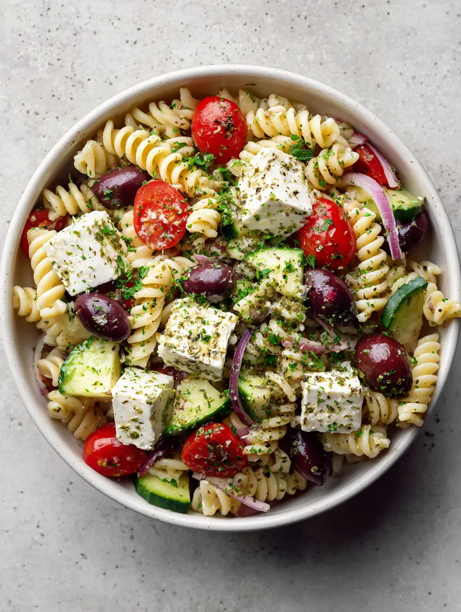 Close-up overhead shot of Mediterranean Pasta Salad showing glistening rotini and thick half-moons of English cucumber.