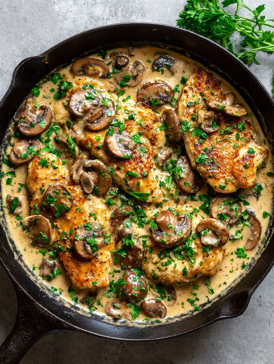Close up of pan-seared chicken cutlets with visible sear marks in a light brown Marsala cream sauce. (Chicken Marsala)