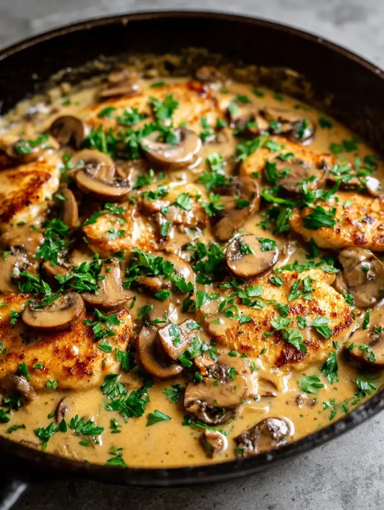 Authentic Chicken Marsala in a black skillet with abundant sliced cremini mushrooms and fresh parsley.