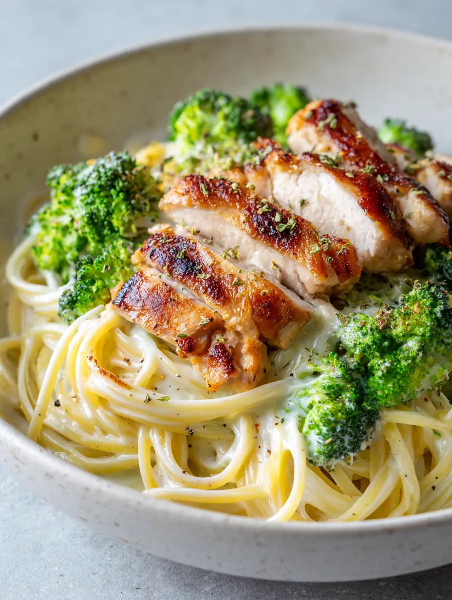Close-up of spaghetti coated in translucent cheese sauce with broccoli and sliced chicken thighs. (Broccoli Chicken Spaghetti)