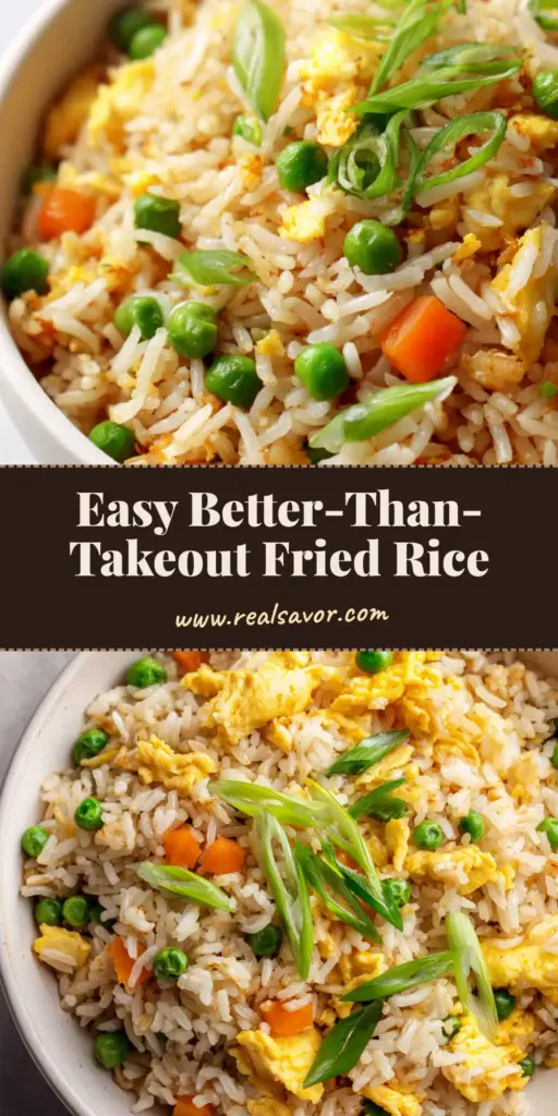 A top-down view of Egg Fried Rice in a white bowl showing glistening grains, bright yellow eggs, and green peas.