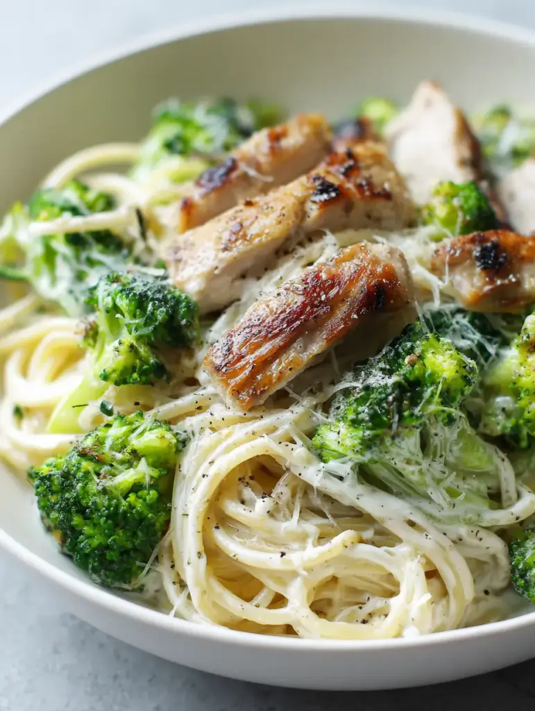 Slices of succulent roasted chicken thighs with charred skin over a bed of broccoli spaghetti.