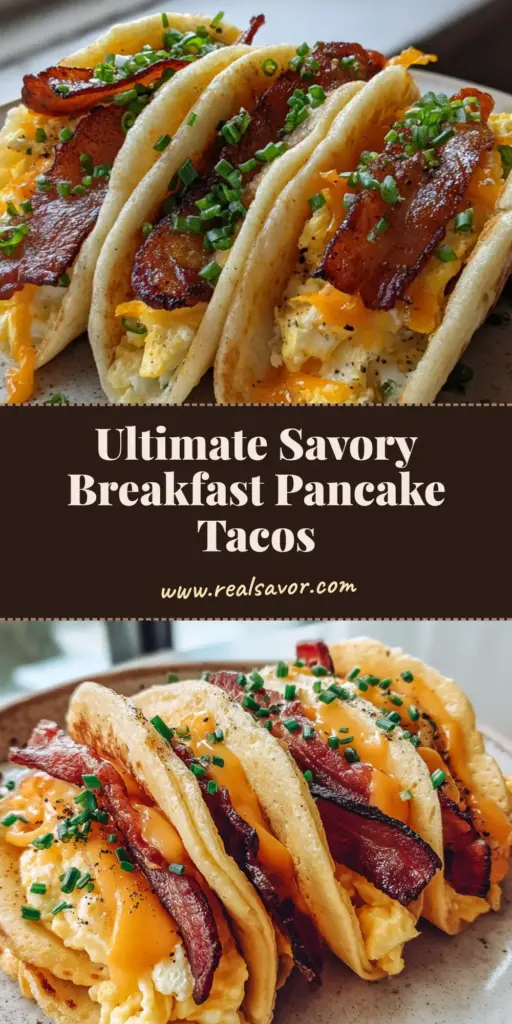 A stack of three Savory Pancake Tacos filled with soft scrambled eggs, dark brown glistening bacon, and melted orange cheddar on a ceramic plate. (Savory Pancake Tacos)