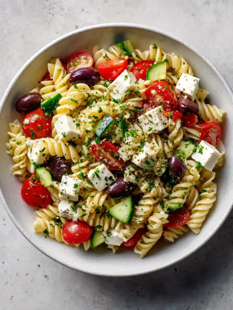 A full white ceramic bowl of Mediterranean Pasta Salad on a light grey stone surface with natural daylight shadows.