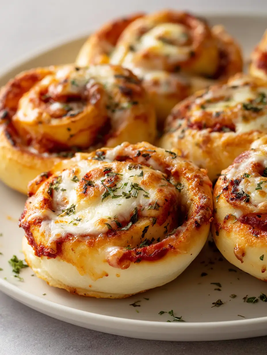 A close-up of spiral Garlic Butter Pizza Rolls showing the red marinara streaks and thick melted mozzarella cheese swirls.