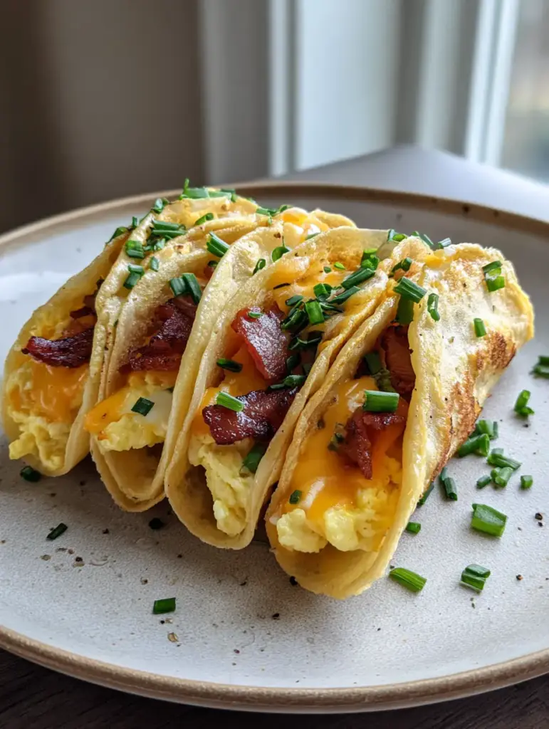 Close up handheld shot of Savory Pancake Tacos featuring melted orange cheddar and fresh green chives. (Savory Pancake Tacos)
