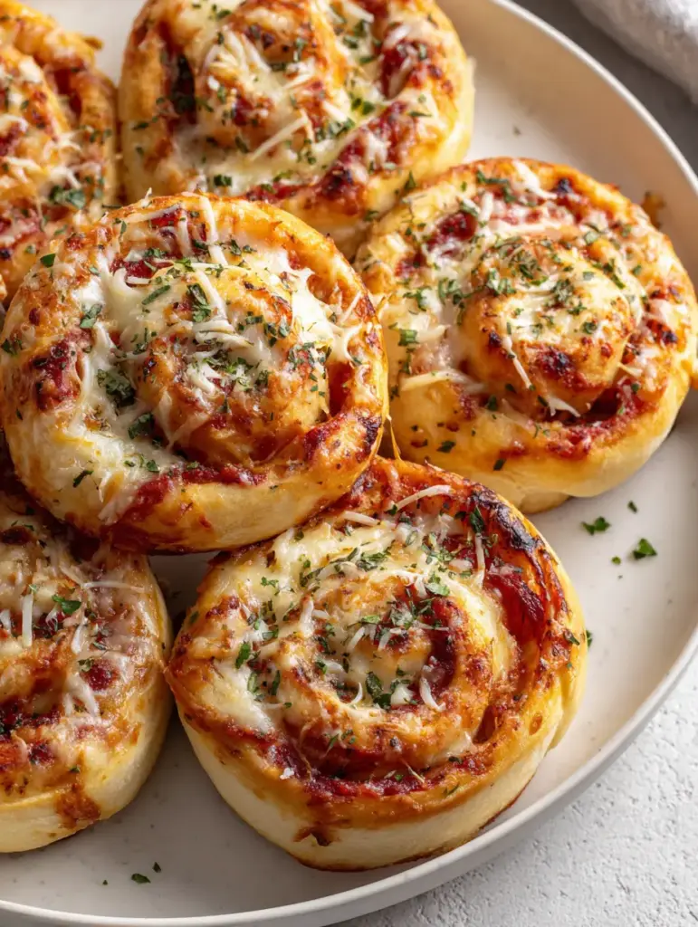 Multiple Garlic Butter Pizza Rolls garnished with parmesan cheese and herbs, arranged on a white ceramic plate under natural light.