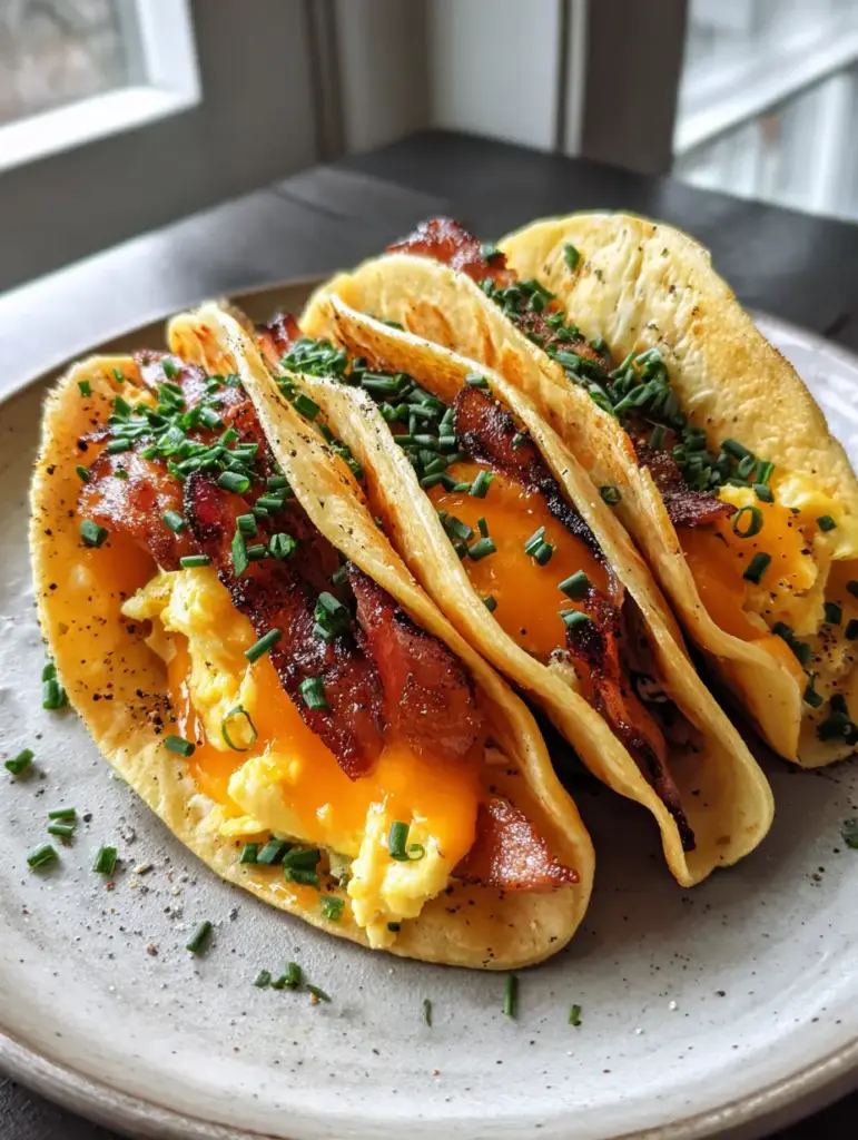 Top-down view of three Savory Pancake Tacos garnished with cracked black pepper and chopped chives on a minimalist background.