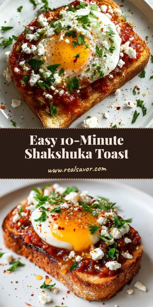 Handheld photo of Shakshuka Toast with a runny poached egg and feta on sourdough.