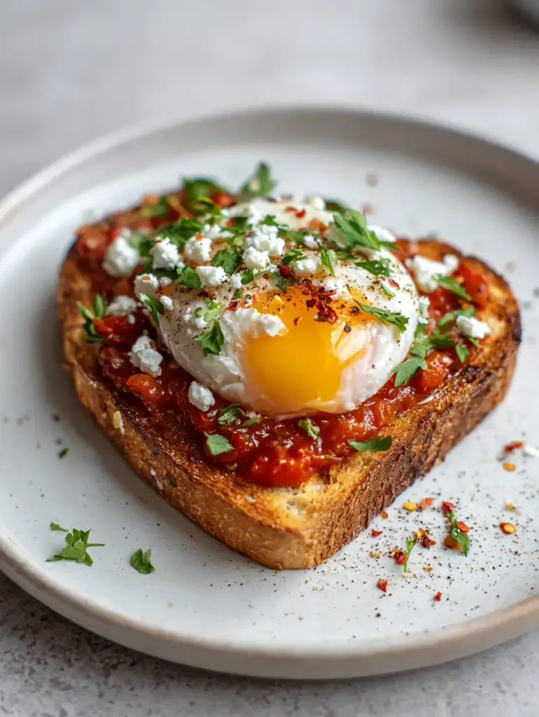 Close up of thick-cut sourdough topped with chunky tomato sauce and a poached egg for Shakshuka Toast.
