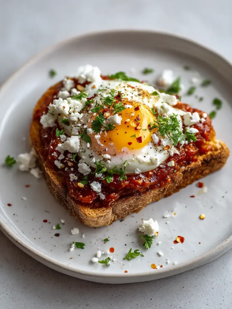 Shakshuka Toast served on a white plate with fresh parsley and red chili flakes garnish.
