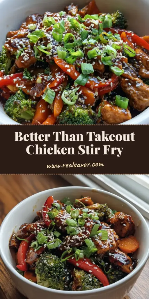 A top-down view of a white ceramic bowl containing Teriyaki Chicken Stir Fry with charred chicken, broccoli, carrots, and red peppers coated in a dark amber glaze.