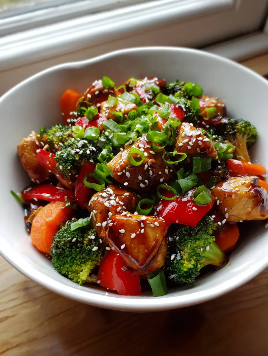 Close up photo of Teriyaki Chicken Stir Fry in a white bowl showing the thick, glossy glaze pooling at the bottom and garnished with sesame seeds.