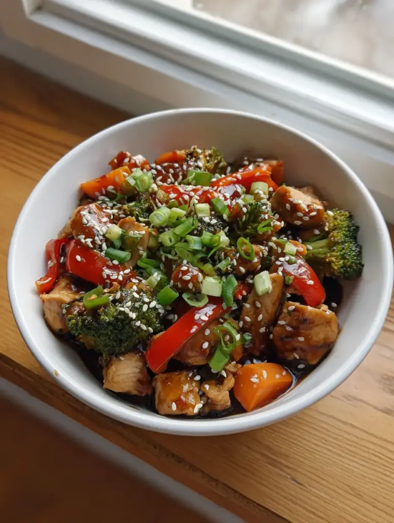 A side angle shot of the Teriyaki Chicken Stir Fry highlighting the charred edges of the chicken and the fresh green onions.