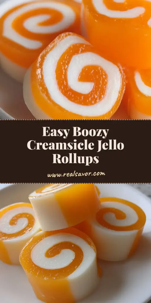 A close-up shot of Creamsicle Vodka Jello Rollups arranged on a white plate, showing the distinct 2mm orange and white spiral layers with a glossy finish.