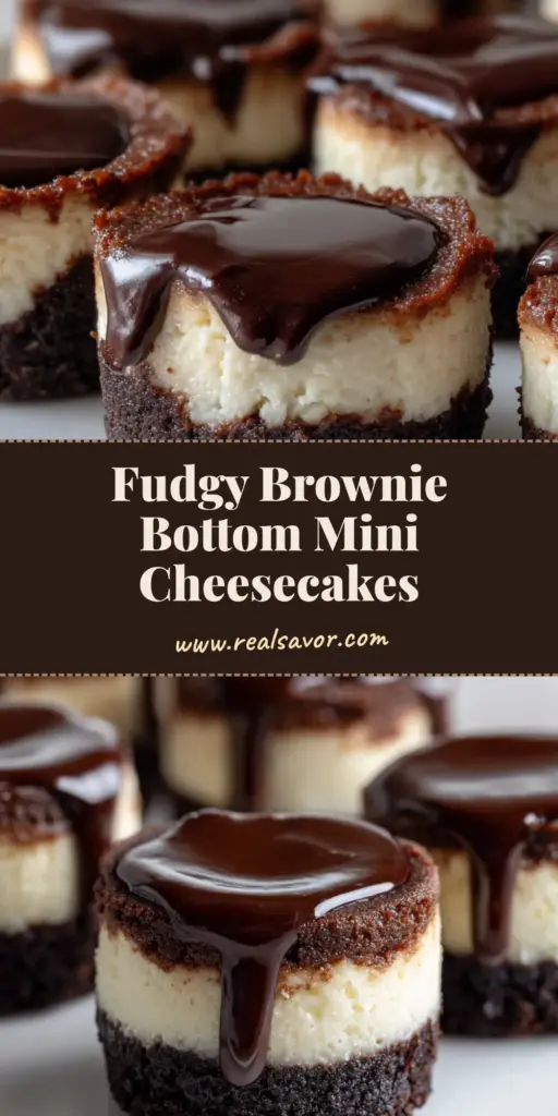 A stack of Brownie Bottom Mini Cheesecakes on a white plate showing the distinct dark brownie layer and ivory cheesecake top topped with glossy chocolate.