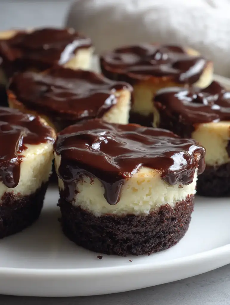 Close-up handheld photo of Brownie Bottom Mini Cheesecakes with pooling dark chocolate ganache on a white plate.