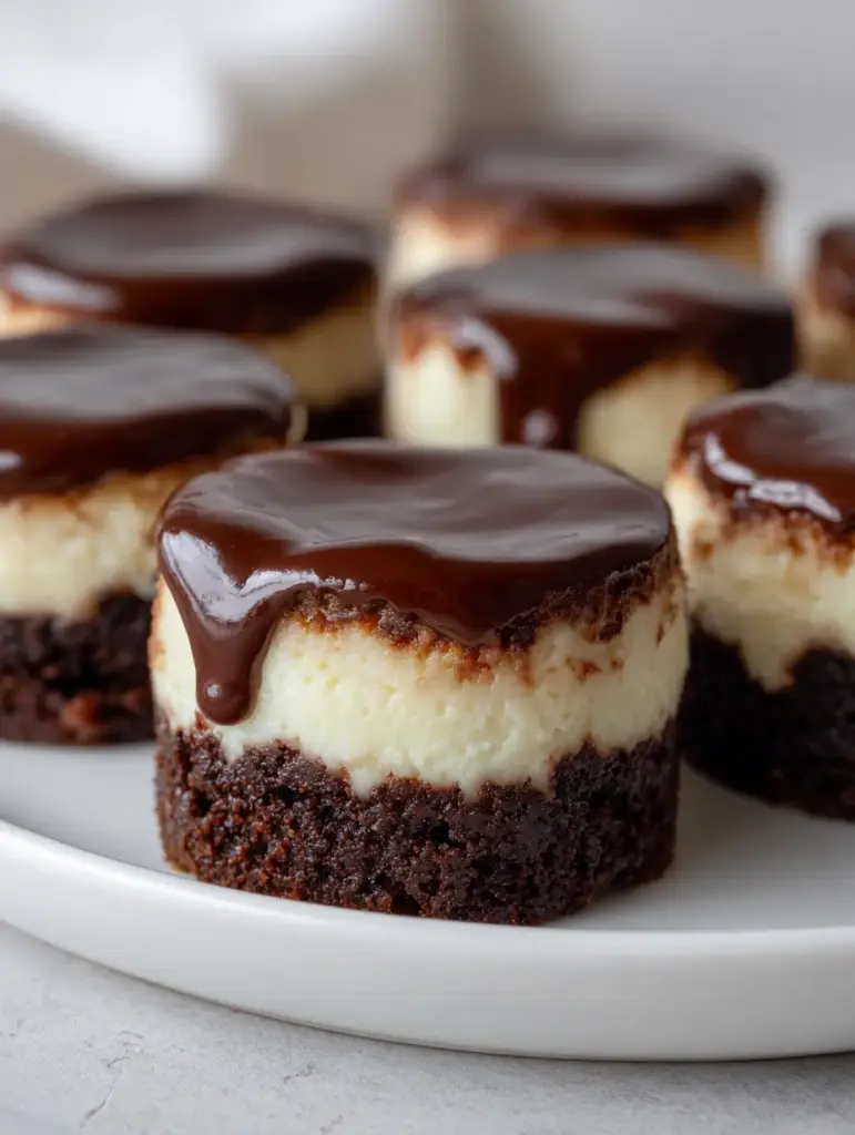 Several mini cheesecakes with brownie foundations arranged on a simple gray background with natural side lighting.
