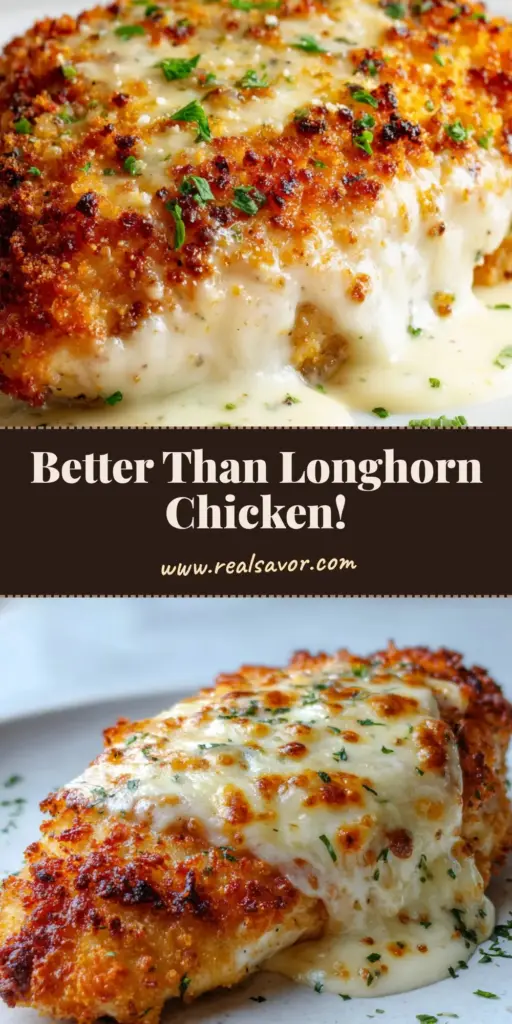 A handheld smartphone photo of a single serving of Copycat Longhorn Parmesan Crusted Chicken on a white plate, showing the golden edges and crispy panko topping.