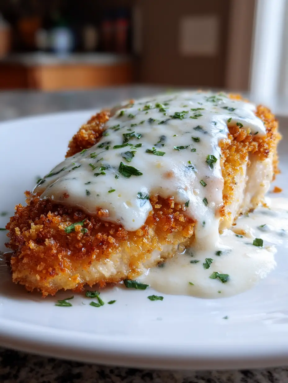 Close-up of a juicy pan-seared chicken breast topped with melted ranch sauce and golden panko for Copycat Longhorn Parmesan Crusted Chicken.