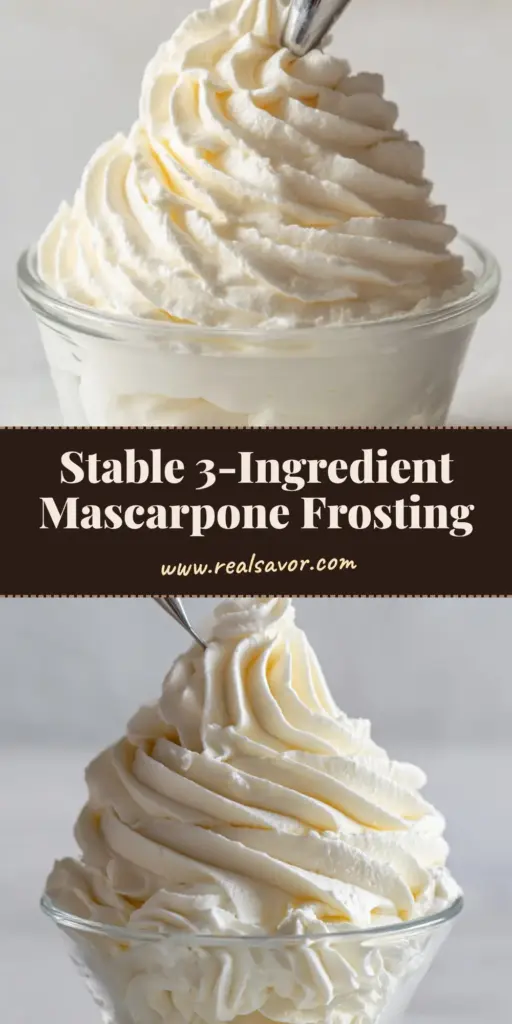 Thick ivory-white mascarpone frosting piped in swirls into a glass jar with a metal star tip. (Mascarpone Frosting Recipe)