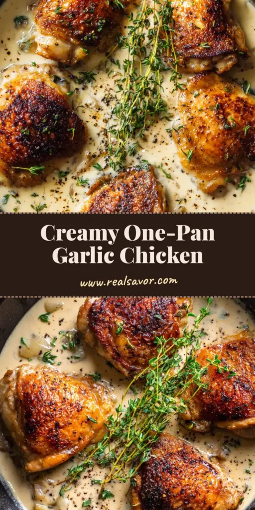 A close-up shot of four crispy, golden-brown chicken thighs in a cast iron skillet with ivory garlic cream sauce. (Creamy Garlic Chicken Thighs)