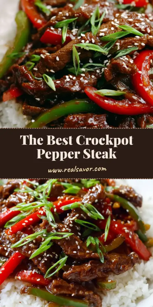A close-up overhead shot of Slow Cooker Pepper Steak served in a white bowl over fluffy white rice, featuring glossy dark sauce, red and green bell peppers, sesame seeds, and green onions.