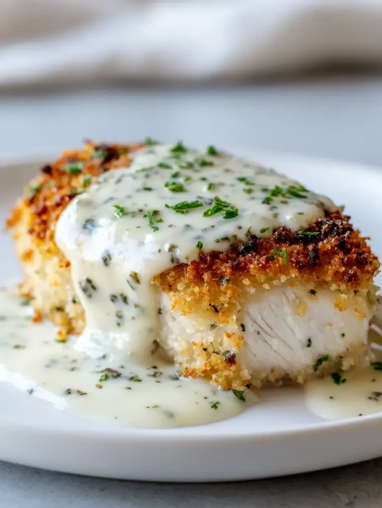 Top view of a single serving of Copycat Longhorn Parmesan Crusted Chicken on a white ceramic plate in natural daylight.