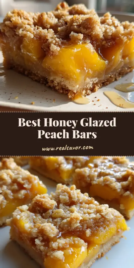 A vertical shot of Peach Crumble Bars with a thick shortbread base and honey glaze, perfect for Pinterest.
