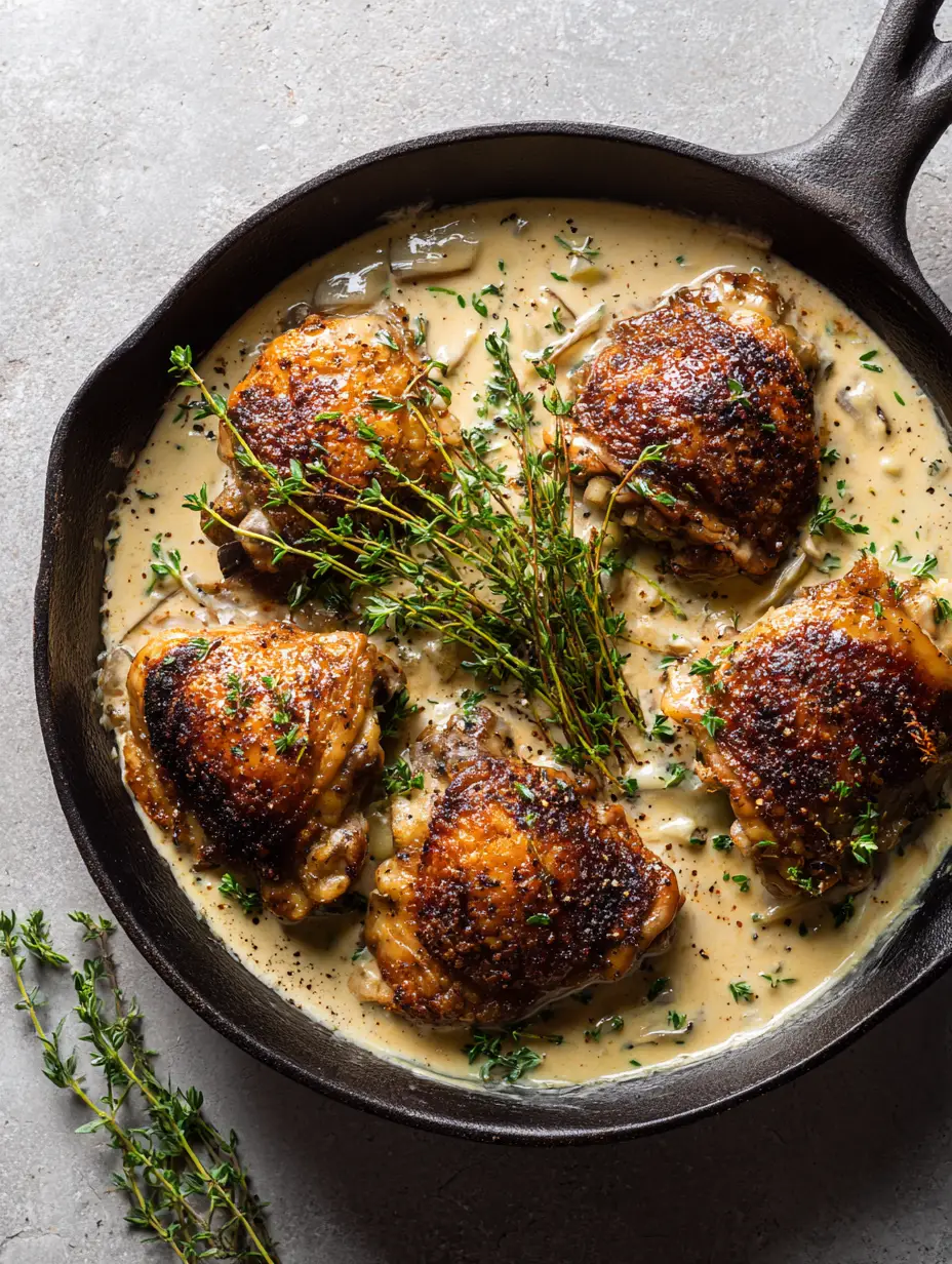 Top-down view of Creamy Garlic Chicken Thighs showing clusters of garlic and fresh thyme garnish. (Creamy Garlic Chicken Thighs)
