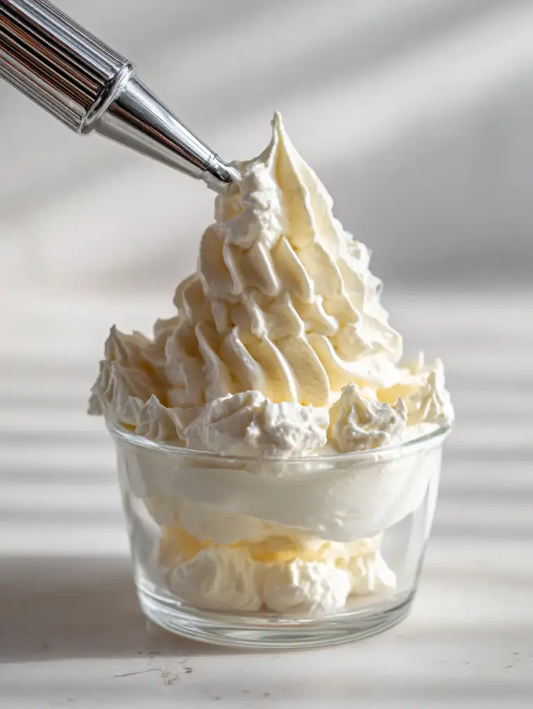 A handheld shot of mascarpone frosting showing a thick and velvety ivory texture in a clear glass container.