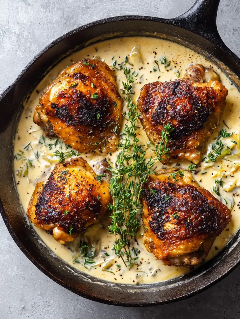 Close-up of the crispy skin on the bone-in chicken thighs submerged in a thick cream sauce.