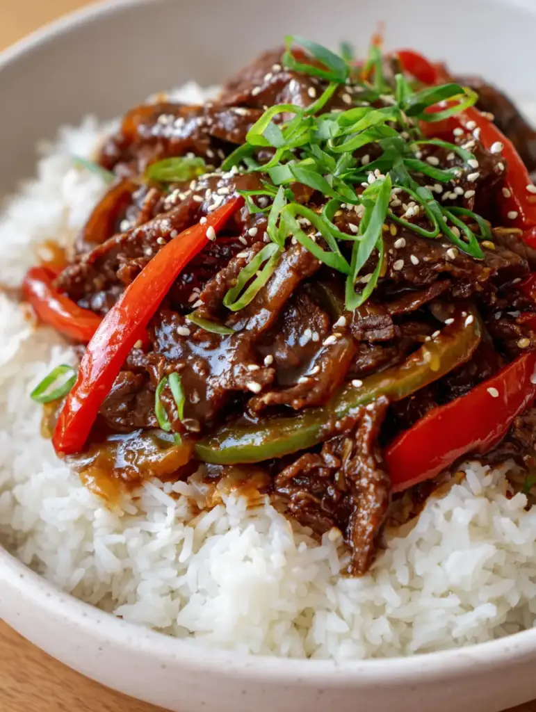 Detailed view of softened red and green bell pepper strips nestled in a glossy brown sauce for Slow Cooker Pepper Steak.