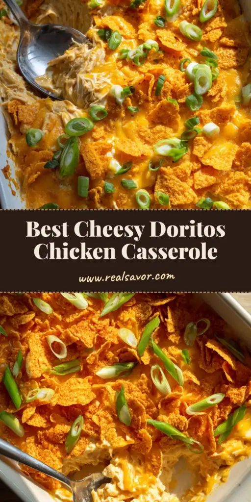 A top-down shot of a cheesy Doritos Chicken Casserole in a white dish with melted cheddar and green onions.