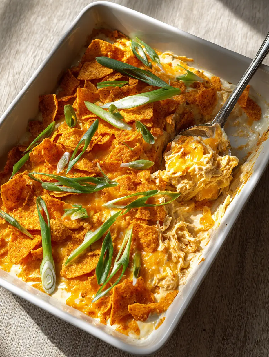 Close-up of shredded chicken in pale-yellow sauce topped with orange Doritos and green onions. (Doritos Chicken Casserole)