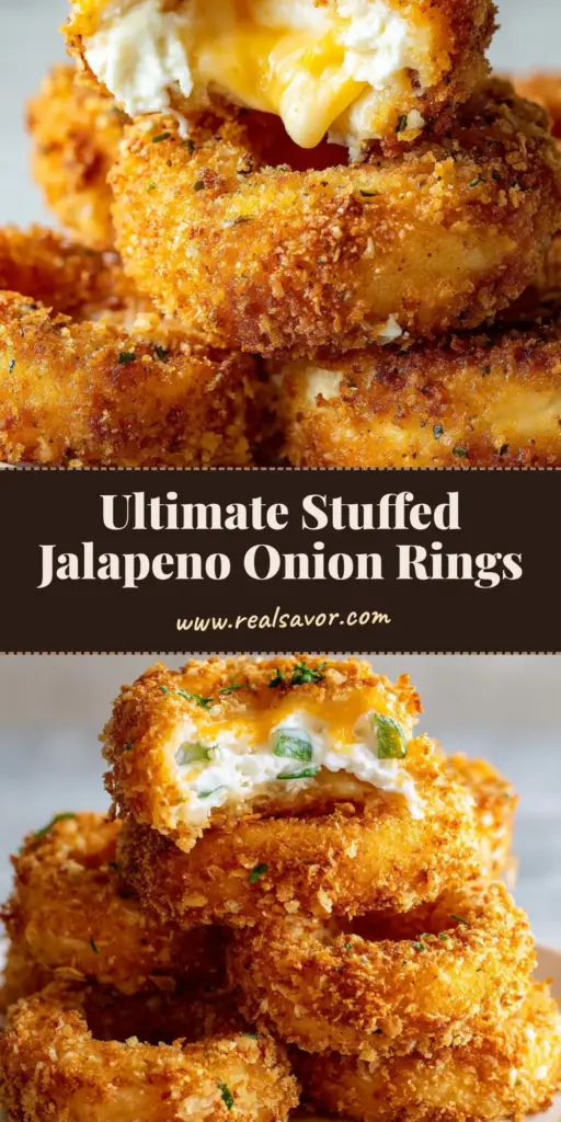 A stack of golden-brown Jalapeño Popper Stuffed Onion Rings on a white plate, showing the crispy panko texture.