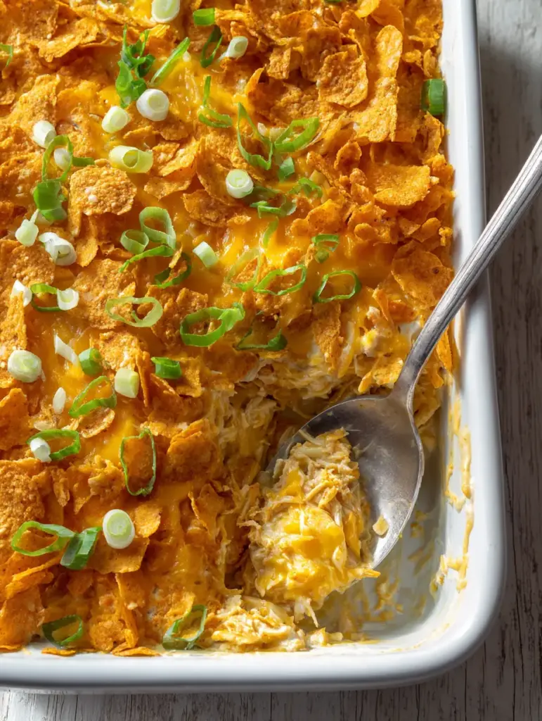 Bubbly melted cheddar cheese over crushed nacho chips in a ceramic baking dish. (Doritos Chicken Casserole)