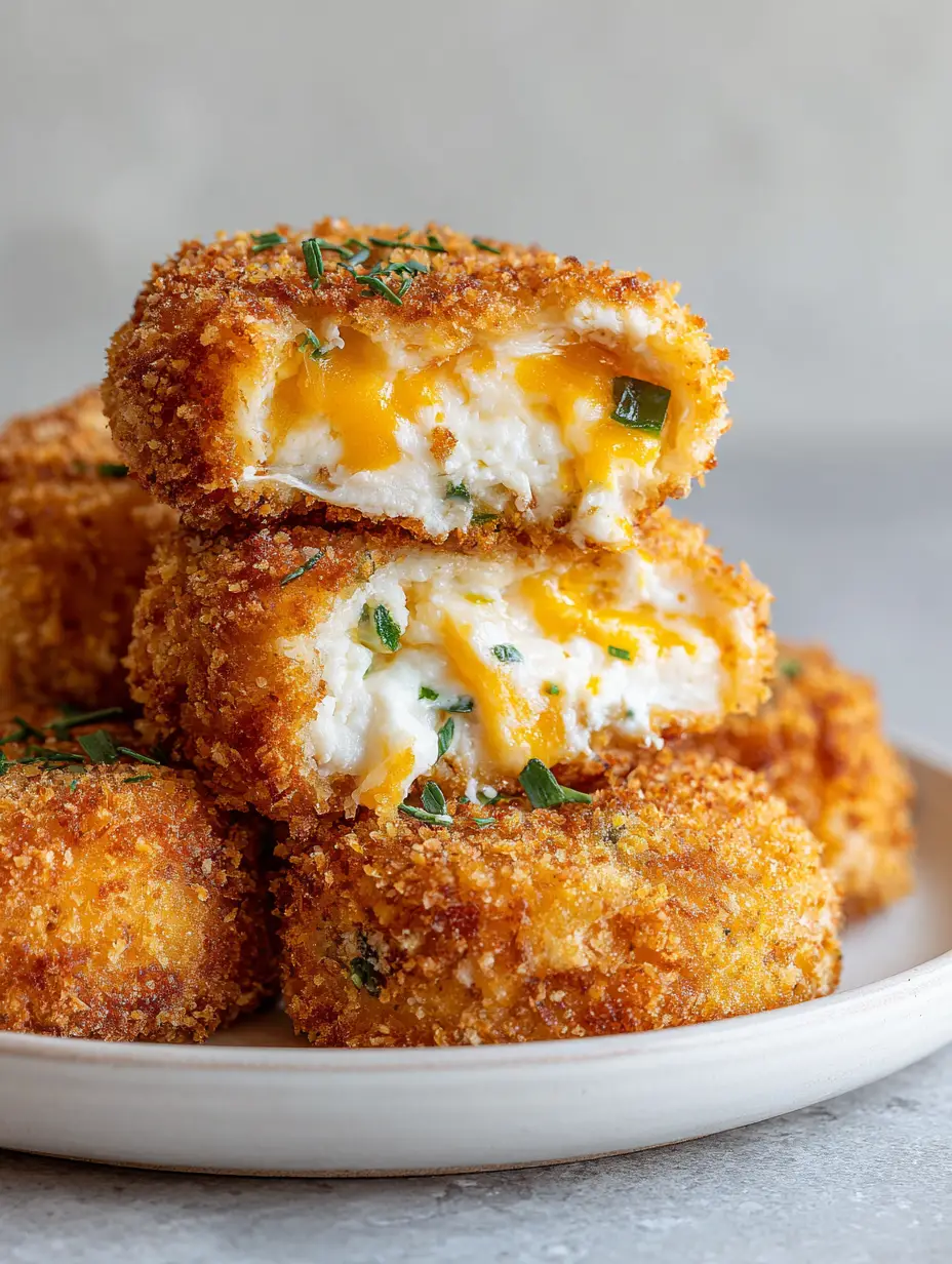 Close up of a Jalapeño Popper Stuffed Onion Ring sliced open to reveal steaming melted cheese and green jalapeños.