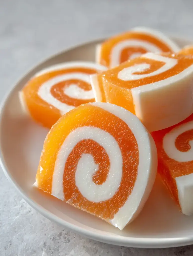 Smartphone photo of Creamsicle Vodka Jello Rollups on a white ceramic plate against a grey stone background, highlighting the moist and glossy texture.