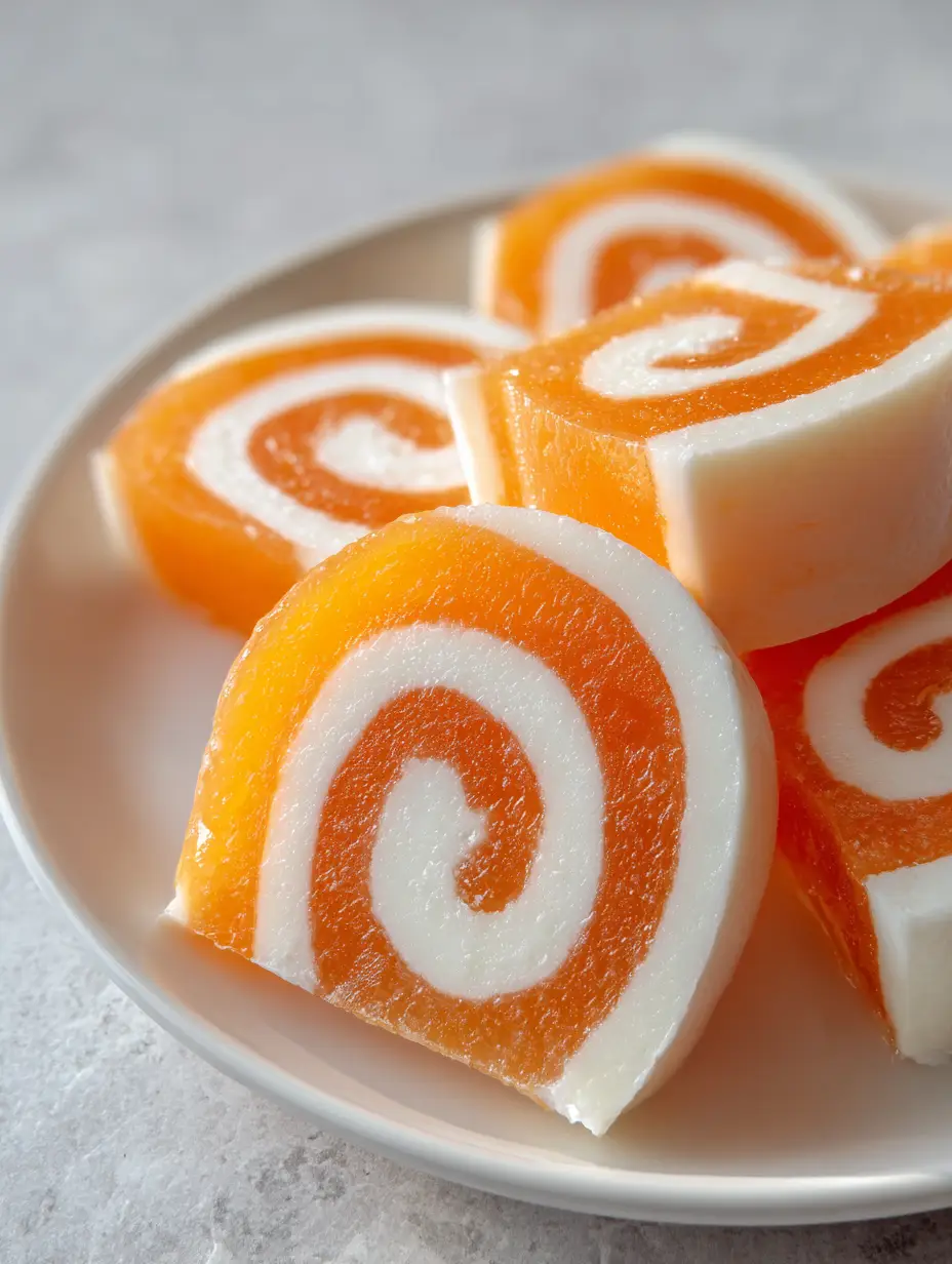 Smartphone photo of Creamsicle Vodka Jello Rollups on a white ceramic plate against a grey stone background, highlighting the moist and glossy texture.