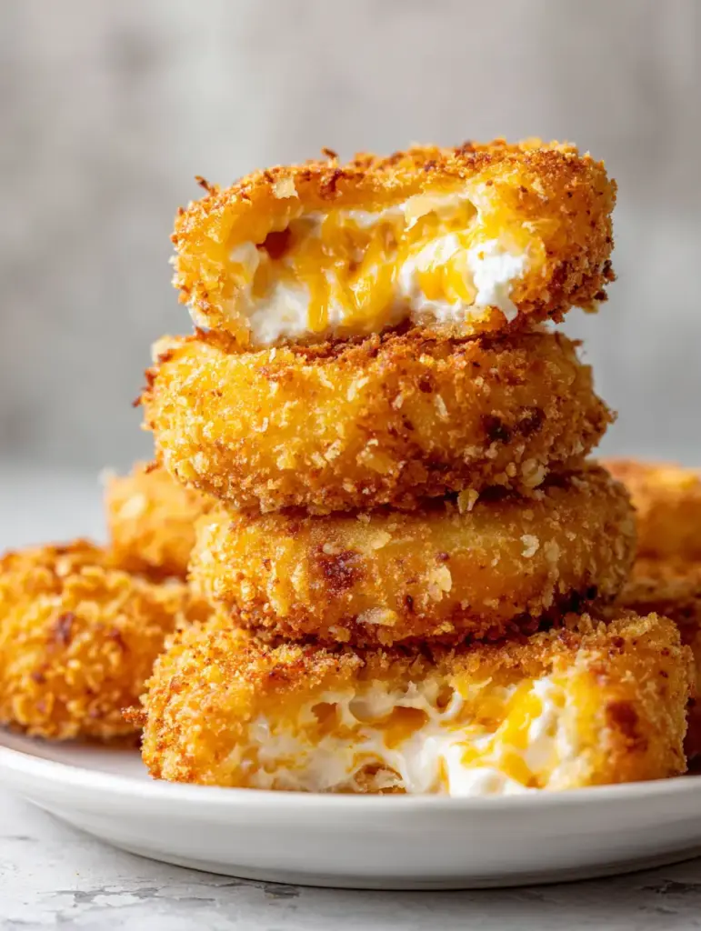 Handheld shot of Jalapeño Popper Stuffed Onion Rings stacked on a plate with a neutral background.