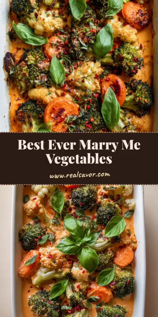A top-down smartphone photo of a Marry Me Roasted Vegetable Bake in a white ceramic dish, featuring charred broccoli and carrots in a creamy orange sauce. (Marry Me Roasted Vegetable Bake)