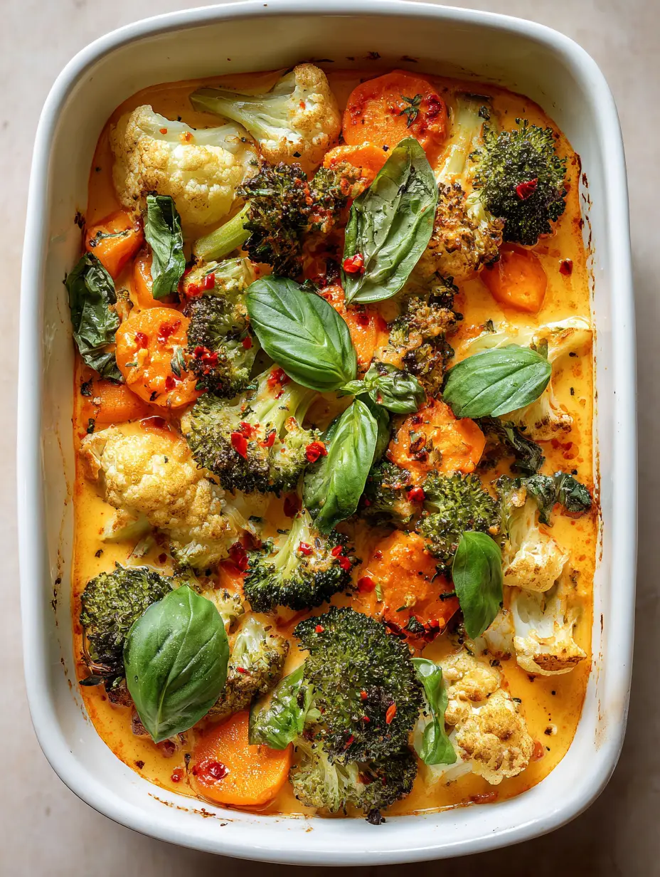 Close up of a Marry Me Roasted Vegetable Bake showing vibrant orange carrots and green broccoli with golden-brown charred edges and garlic-flecked cream sauce. (Marry Me Roasted Vegetable Bake)