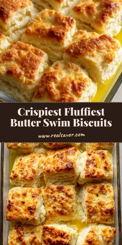 A top-down view of Butter Swim Biscuits in a glass dish, showing craggy golden-brown tops and a bubbling butter pool.