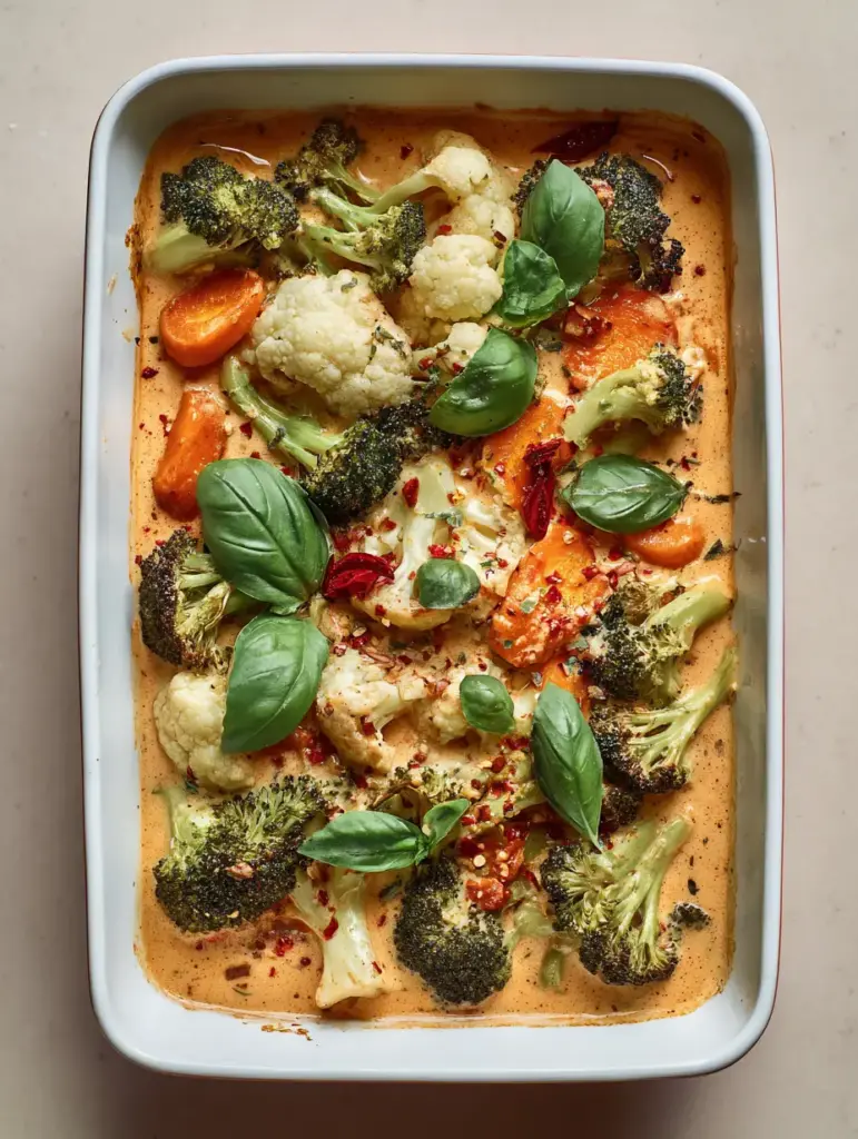 A smartphone photo of the Marry Me Roasted Vegetable Bake garnished with fresh basil leaves and red chili flakes on a neutral beige background.