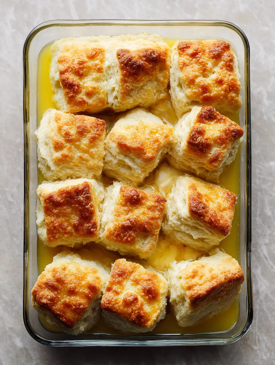 A rectangular glass dish filled with thick square-cut Butter Swim Biscuits sitting in melted yellow butter.