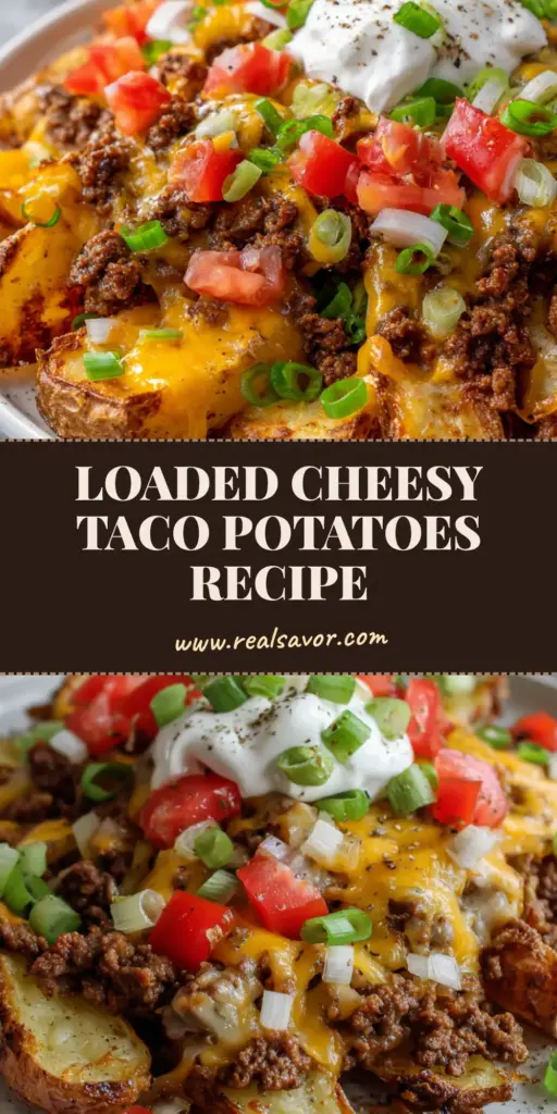 Handheld photo of a white plate with Cheesy Taco Potatoes featuring roasted golden wedges, melted cheddar and jack cheese, and fresh tomatoes.