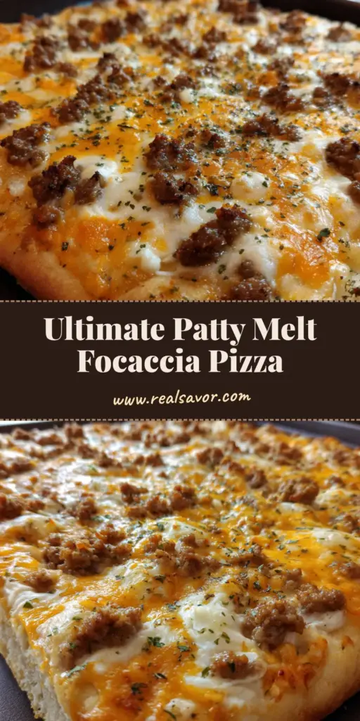 A handheld smartphone photo of a thick rectangular focaccia Patty Melt Pizza on a dark baking sheet with golden-brown toasted edges and bubbly melted cheese.