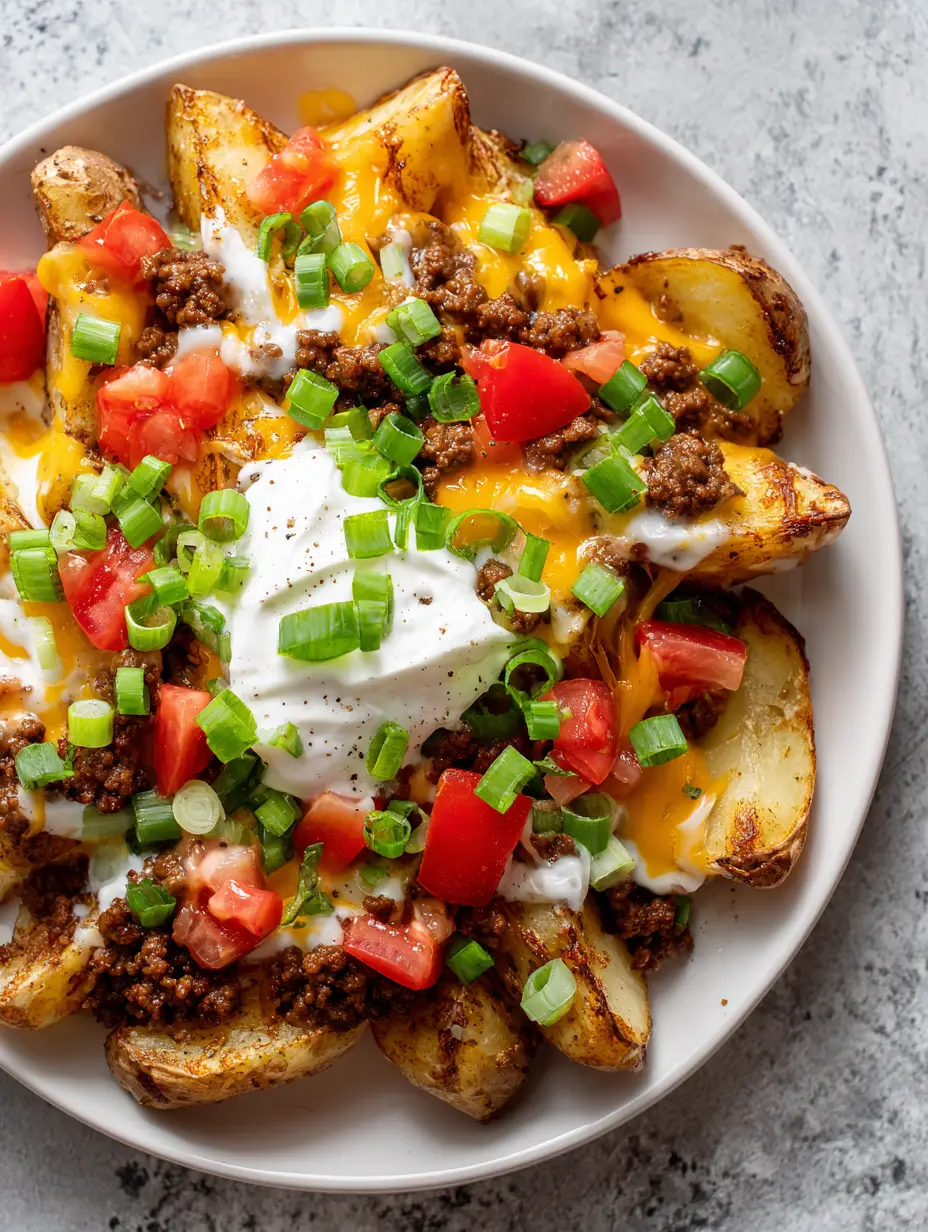Close-up of roasted potato wedges topped with crumbled taco beef and bubbling melted cheese (Cheesy Taco Potatoes).